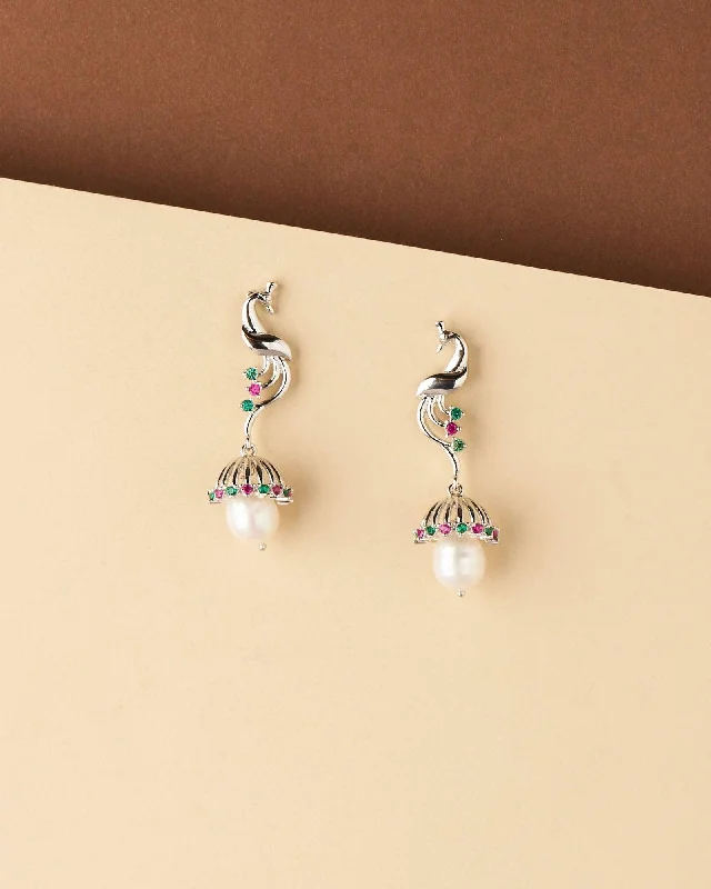 Handcrafted Wooden Earrings For Eco-Friendly Style-Peacock Graceful Pearl hanging Earring