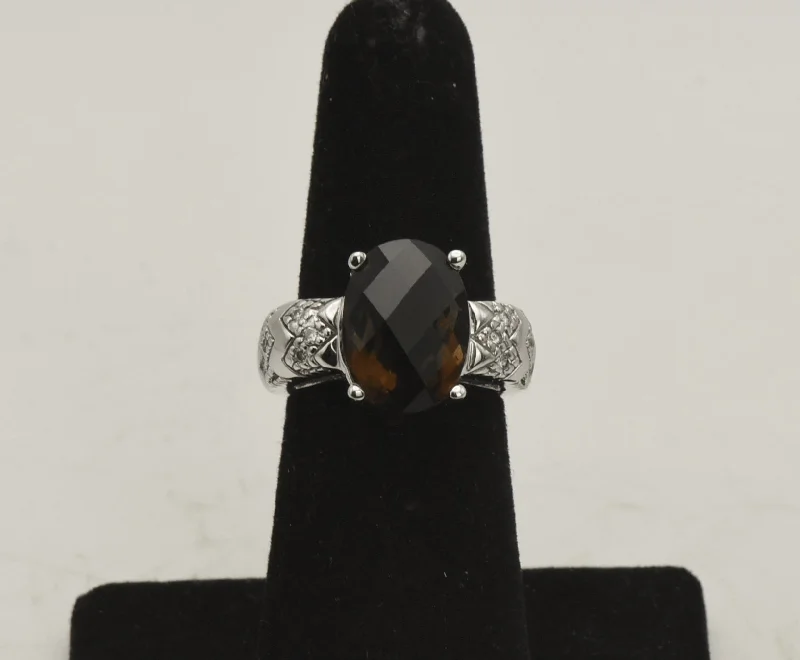 Custom Gemstone Rings For Anniversary Gifts-Vintage 14k White Gold Smoky Quartz and Diamonds Ring - Size 5.75