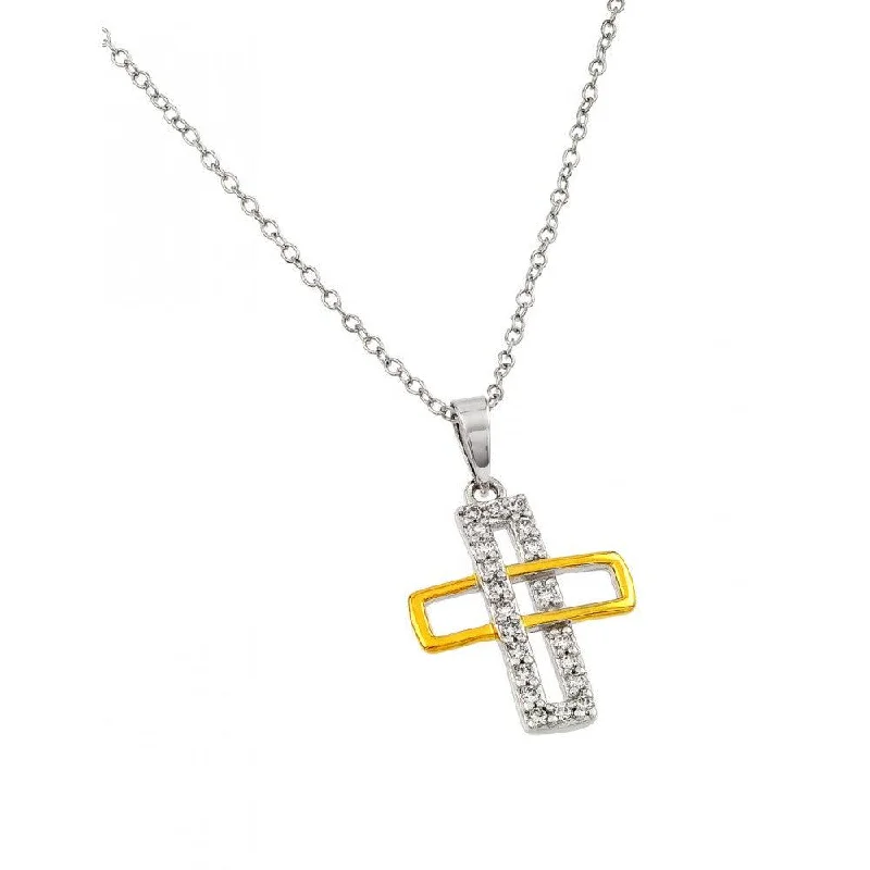 Sparkling Silver Necklace For Custom Style-Silver 925 Rhodium and Gold Plated Interlaced Rectangle Cross Pendant Necklace - BGP00884