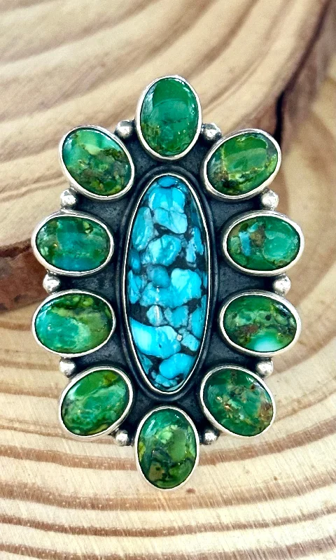 Trendy Wedding Bands For Elegant Brides-BLOOMING FLOWER Sterling Silver Blue & Green Turquoise Cluster Ring • Sizes 7 & 9 1/4