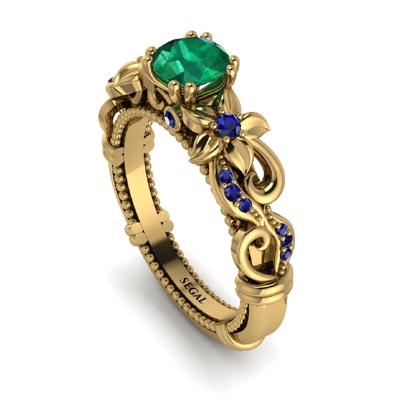 Trendy Custom Engagement Rings For Modern Brides-Vintage Flower Openwork Gold Emerald Engagement Ring - Ann No. 64