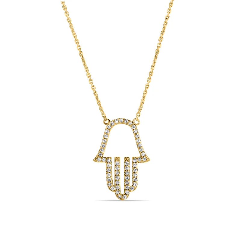 Vintage-Inspired Necklace For Bridesmaids-Silver 925 Gold Plated Clear CZ Hamsa Pendant Necklace - STP01379GP