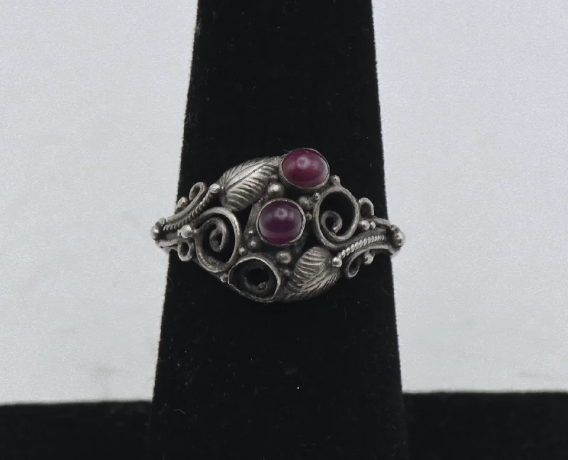 Personalized Custom Wedding Rings For Elegant Brides-Vintage Handmade Sterling Silver and Ruby Art Nouveau Style Ring - Size 6.25