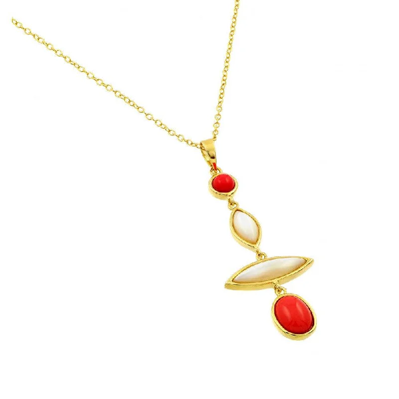 Elegant Crystal Necklace For Day Wear-Silver 925 Gold Plated Round and Marquise Shaped Red and White Stones Pendant Necklace - BGP00914