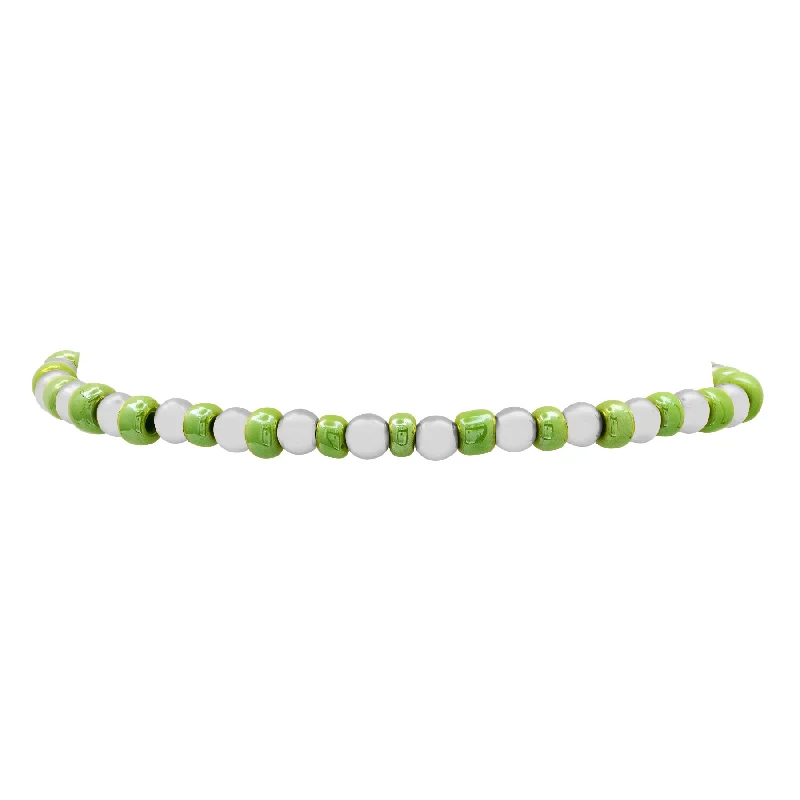 High-End Gemstone Bracelets For Gifts-IRIDESCENT BALL STRETCH BRACELET GREEN AND SILVER