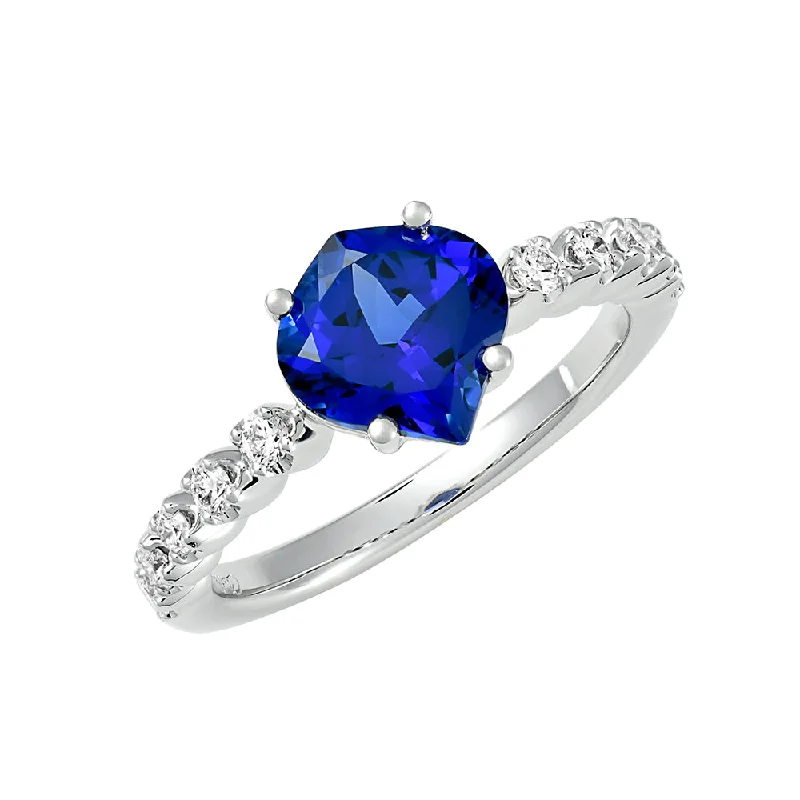 Trendy Custom Engagement Rings For Modern Brides-14K white gold ring featuring an 8.5x8mm onion-cut Chatham lab grown blue sapphire and Chatham lab grown diamond accents.