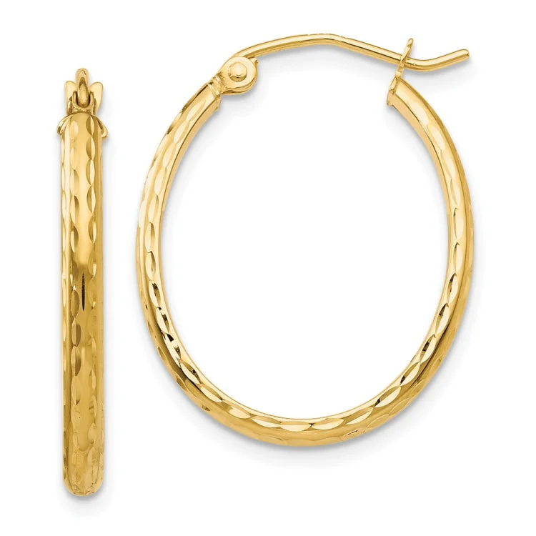 Chic Gold Earrings For Formal Occasions-14k Lightweight Diamond-cut Oval Hoop Earrings