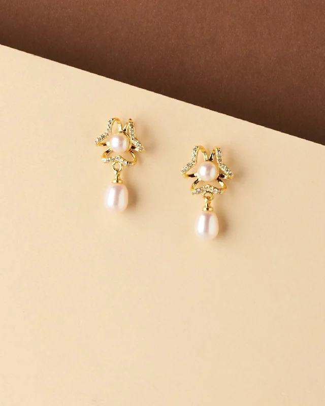 Bohemian Earrings For Beach Weddings-Delicate Stone Studded Pearl Earring