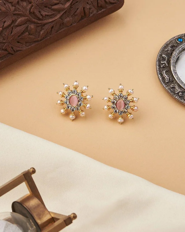 Simple Diamond Earrings For Daily Wear-Pink White Sun Spokes Pearl Ear Studs