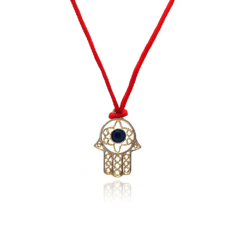 Sparkling Gemstone Necklace For Bridesmaids-Silver 925 Gold Plated Open Hamsa CZ Red Cord Necklace - BGP00308