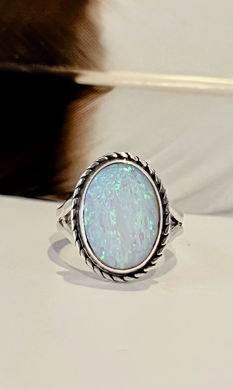 Elegant Wedding Rings For Romantic Brides-WHAT A GEM Sterling Silver and Lab Opal Ring • Size 5 1/2