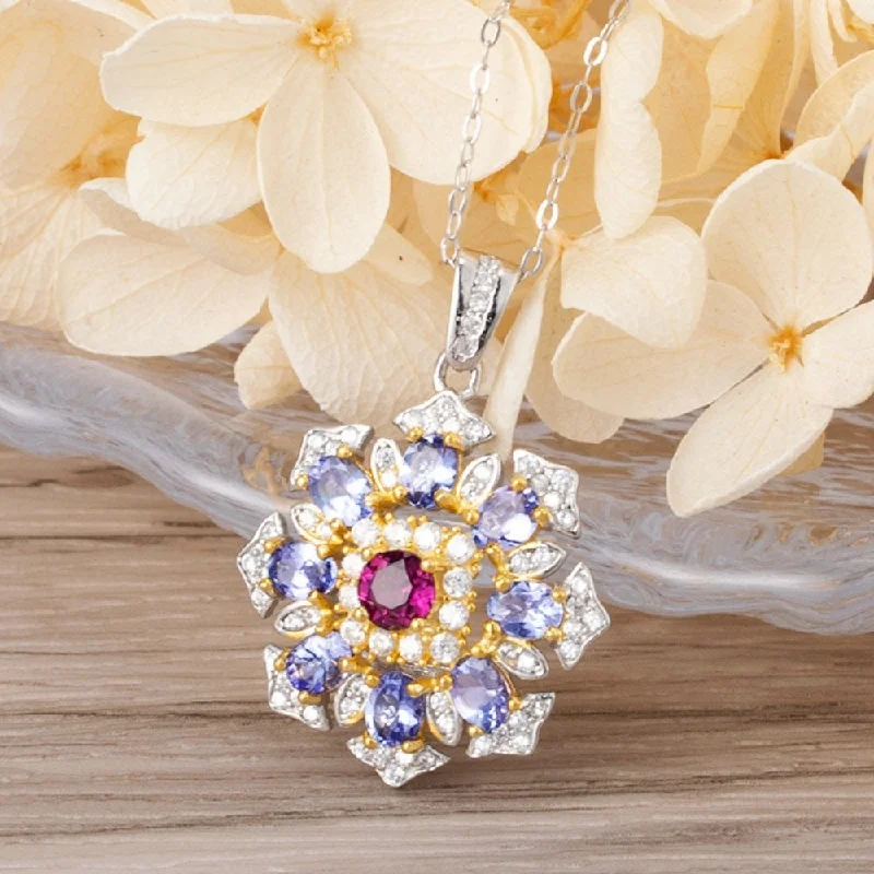 Elegant Sapphire Pendant Necklace For Bridesmaids-Tanzanite Necklace with Brazilian Garnet Gem