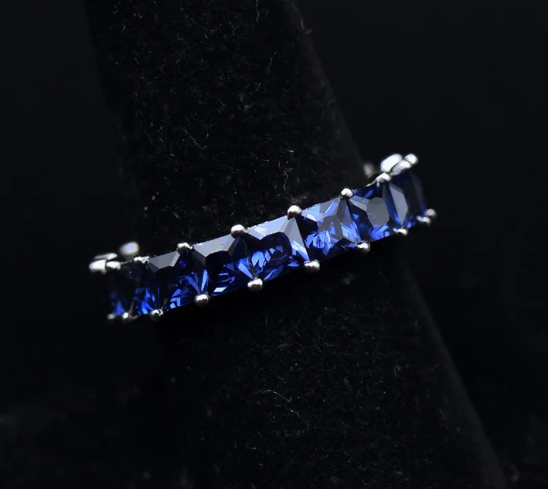 Unique Sapphire Rings For Wedding Day-Vintage Blue Cubic Zirconia Sterling Silver Eternity Band - Size 8