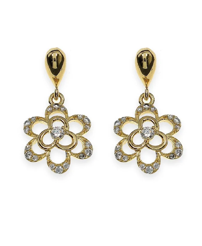 Silver Earrings For Formal Events-Dainty Stone Studded Gold Flower Earrings