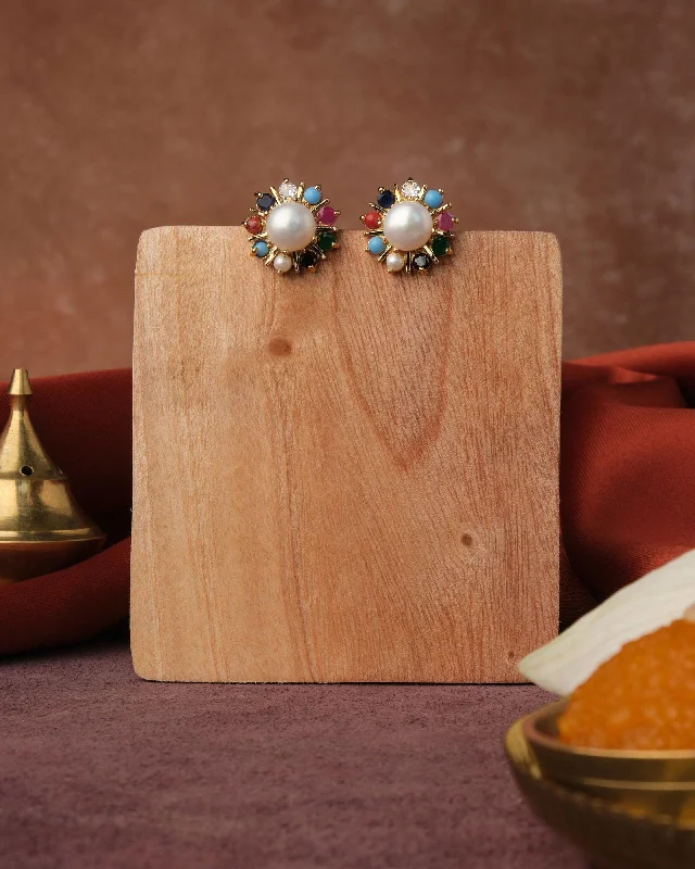 Designer Earrings For Special Occasions-Navratan CZ Stud Earring