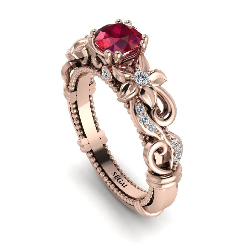 Personalized Gemstone Rings For Special Occasions-Vintage Flower Openwork Gold Ruby Engagement Ring - Ann No. 11