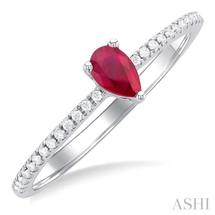 Sparkling Gold Rings For Anniversary Gifts-1/10 ctw Petite 5X3MM Pear Cut Ruby and Round Cut Diamond Precious Fashion Ring in 10K White Gold