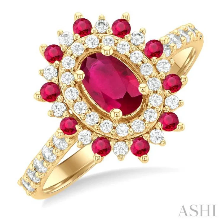 Simple Custom Rings For Wedding Day-3/8 ctw Floral 6X4MM Oval & 1.5MM Round Cut Ruby and Round Cut Diamond Precious Ring in 14K Yellow Gold