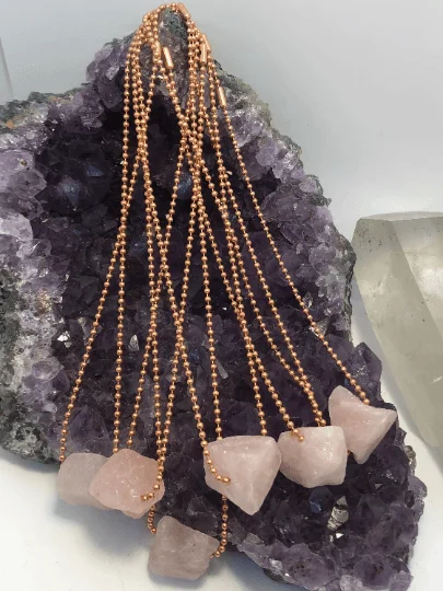 Elegant Long Necklace For Day Wear-Rose Quartz Nugget on Copper Chain Necklace