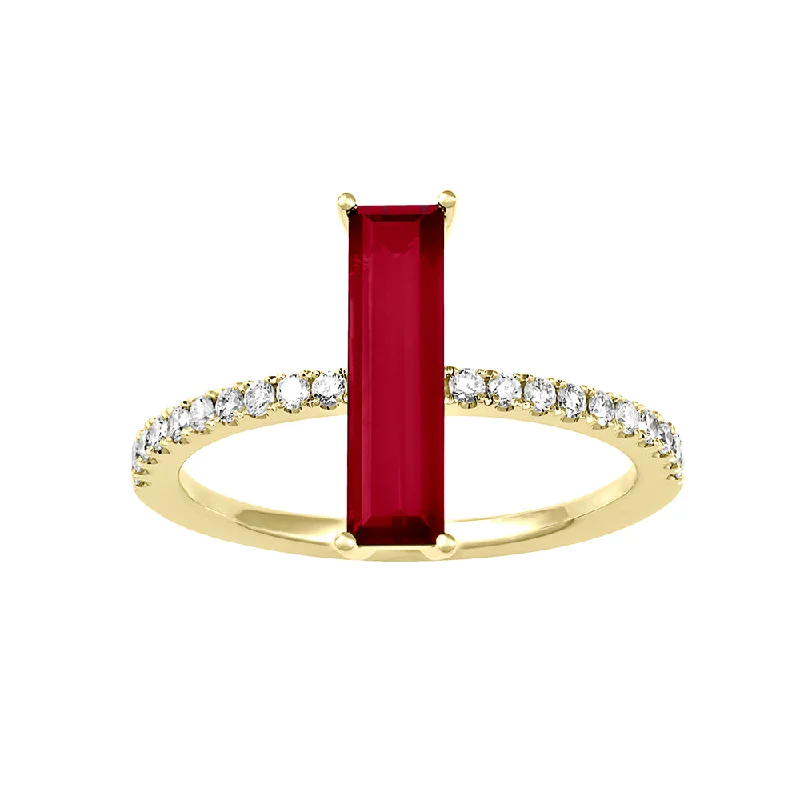 Luxury Custom Engagement Rings For Brides-14K yellow gold ring featuring an elongated baguette Chatham lab grown ruby and Chatham lab grown diamond accents.