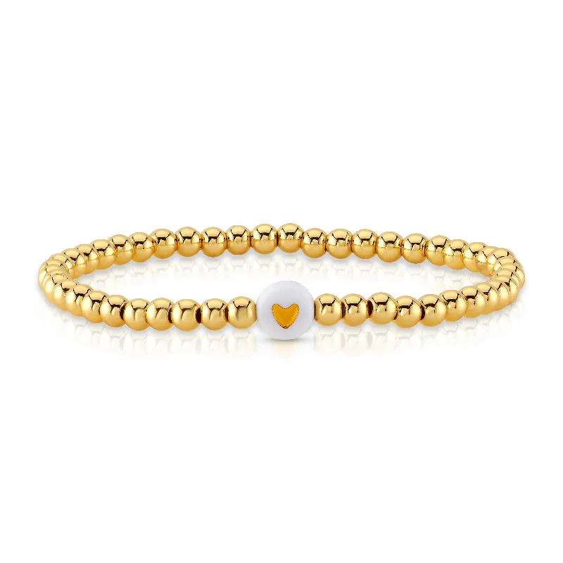 Gemstone Beaded Bracelets For Men-SINGLE HEART BALL STRETCH BRACELET, GOLD