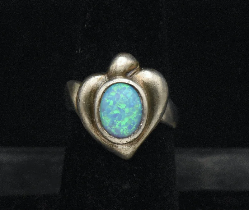 Simple Diamond Rings For Engagement Day-Vintage Sterling Silver Synthetic Opal Heart Ring - Size 6