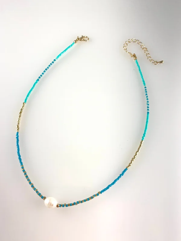 Classic Pearl Necklace For Bridesmaids Gifts-Turquoise Beaded Necklace with Pearl Pendant