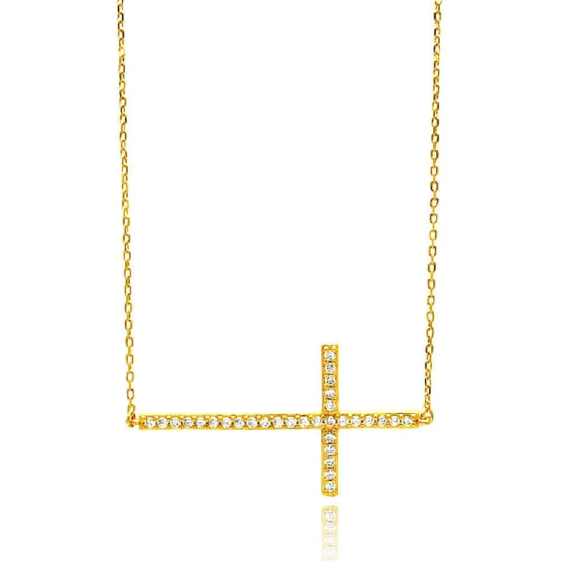 Classic Gemstone Necklace For Wedding Guests-Silver 925 Gold Plated Sideways Cross Clear CZ Necklace - BGP00676