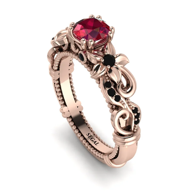 Sparkling Gold Rings For Anniversary Gifts-Vintage Flower Openwork Gold Ruby Engagement Ring - Ann No. 41