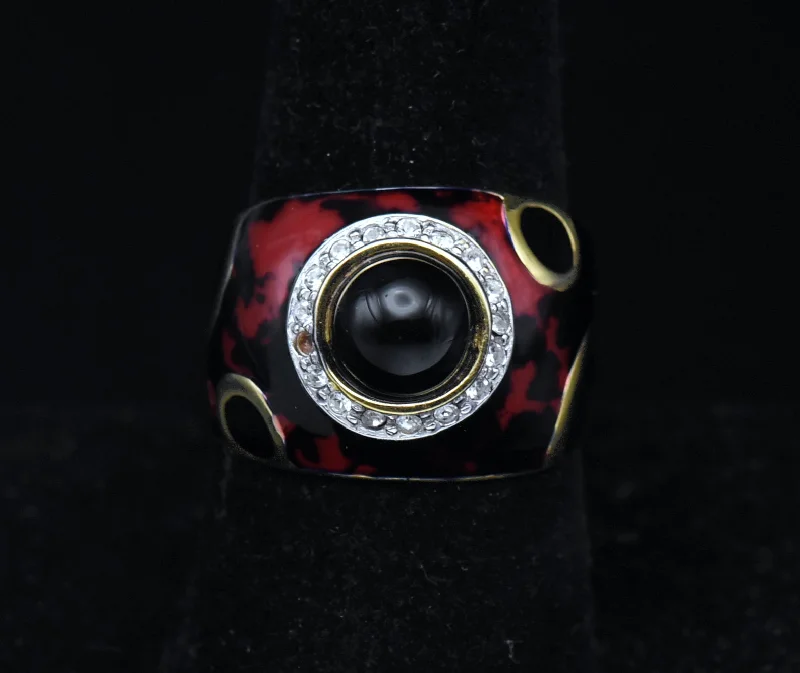 Luxury Engagement Rings For Timeless Proposals-Vintage Italian Vermeil, Black Onyx and Enamel Ring - Size 8.75 READ DESCRIPTION