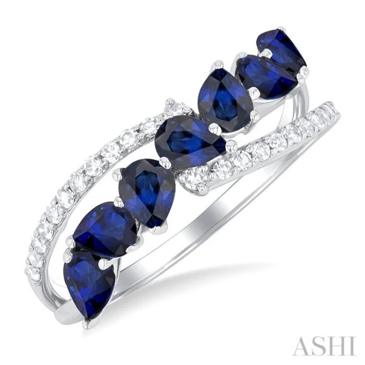 Luxury Engagement Rings For Custom Proposals-1/6 ctw Split Bypass 4X3MM Pear Cut Sapphire and Round Cut Diamond Precious Fashion Ring in 14K White Gold