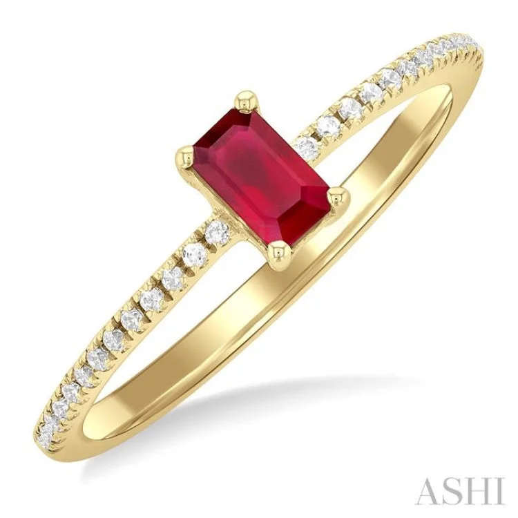 Trendy Stacking Rings For Special Occasions-1/10 ctw Petite 5X3MM Emerald Cut Ruby and Round Cut Diamond Precious Fashion Ring in 10K Yellow Gold