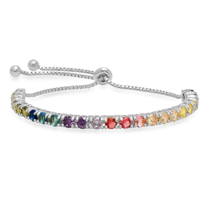 Silver Bracelets For Everyday Wear-LARGE RAINBOW PRONG SET PULL BRACELET, SILVER