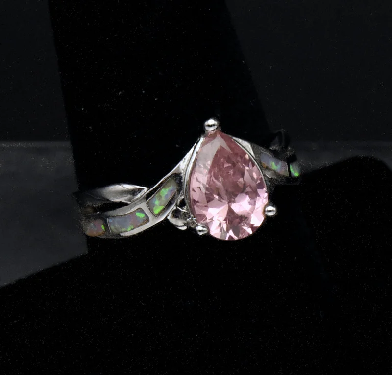 Sparkling Wedding Bands With Colored Stones-Vintage Pink Crystal and Opal Sterling Silver Ring - Size 8