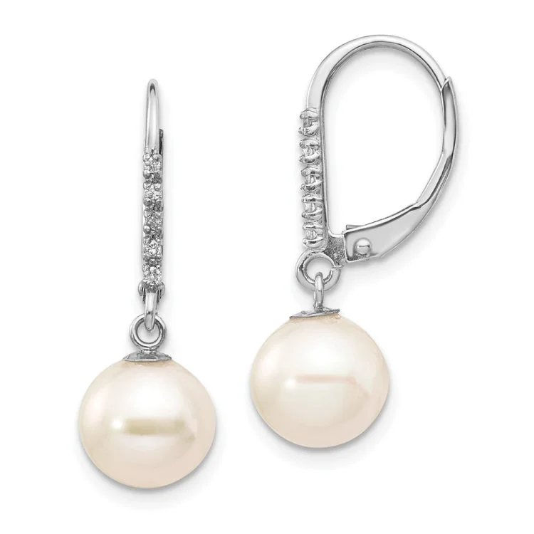 Boho Chic Earrings For Fashion-14k White Gold 8-9mm White Round Freshwater Cultured Pearl and .05 Carat Diamond Dangle Leverback Earrings