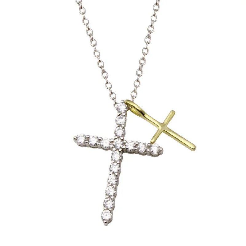 Luxury Silver Necklace For Custom Style-Rhodium and Gold Plated 925 Sterling Silver  Cross Clear CZ Adjustable Necklace - STP01835