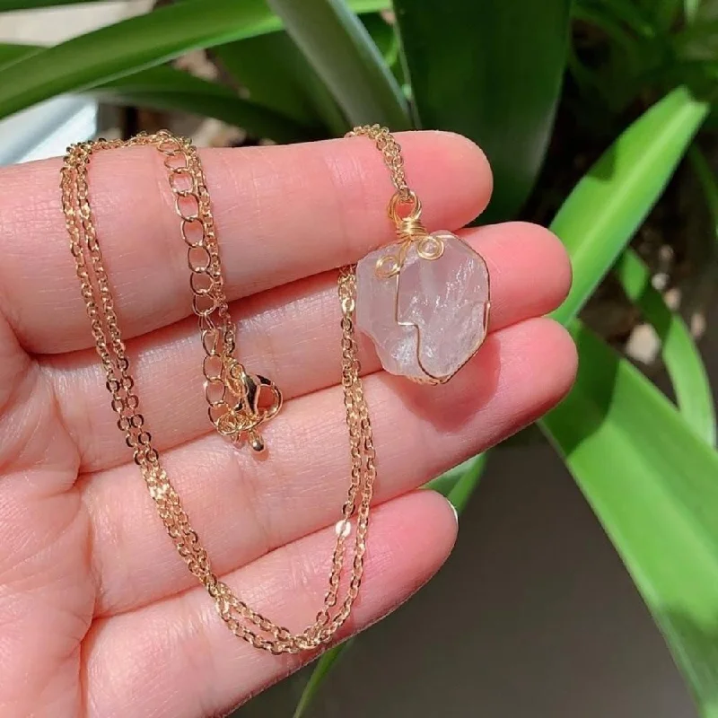 Custom Gemstone Necklace For Anniversary-Raw Rose Quartz Golden Wire Necklace