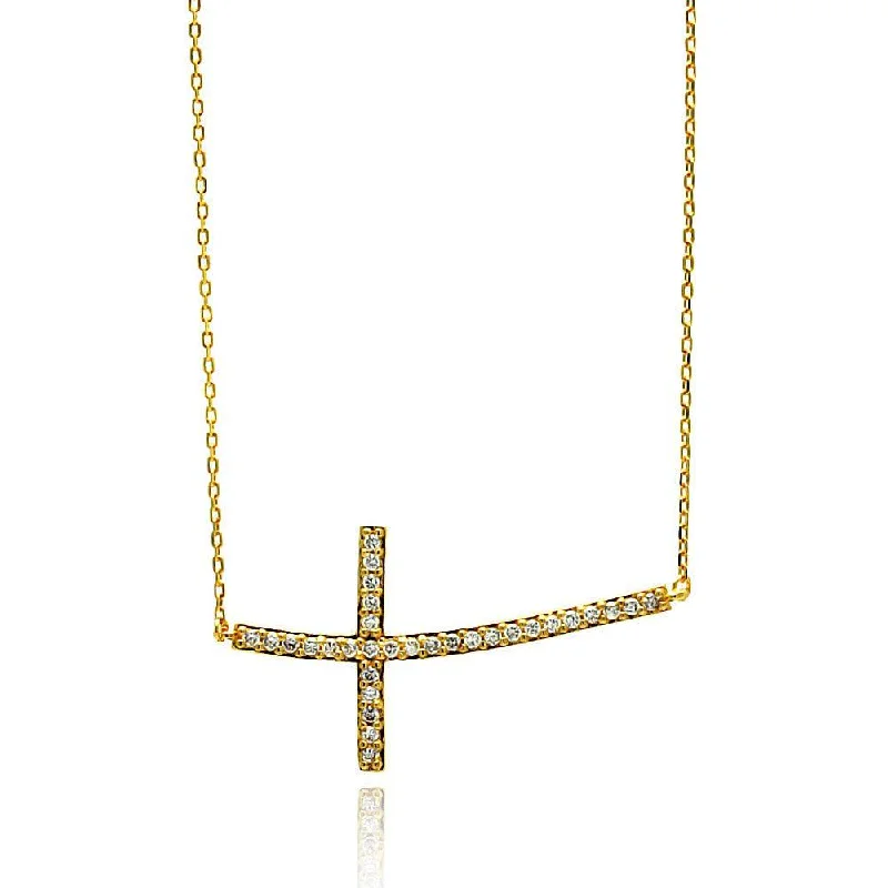 Personalized Gemstone Pendant Necklace For Fashion-Silver 925 Gold Plated Sideways Cross CZ Necklace - BGP00670