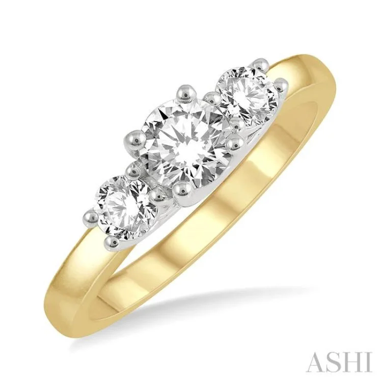 Simple Stacking Rings For Casual Brides-3/4 Ctw Round Cut Diamond Three-Stone Ring in 14K Yellow and White Gold