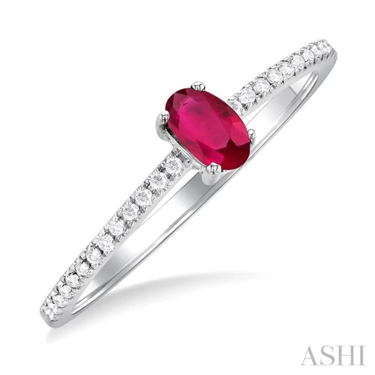 Elegant Engagement Rings With Colored Diamonds-1/10 ctw Petite 5X3MM Oval Cut Ruby and Round Cut Diamond Precious Fashion Ring in 10K White Gold