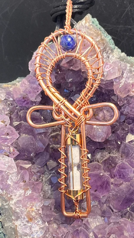 Sparkling Sapphire Necklace For Weddings-Remembrance Urn Memorial Copper Ankh Wirewrapped Pendant Necklace Gold or Rose Gold