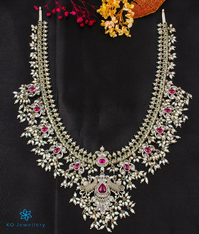 Long Crystal Necklace For Evening Wear-The Uddalaka Silver Guttapusalu Necklace