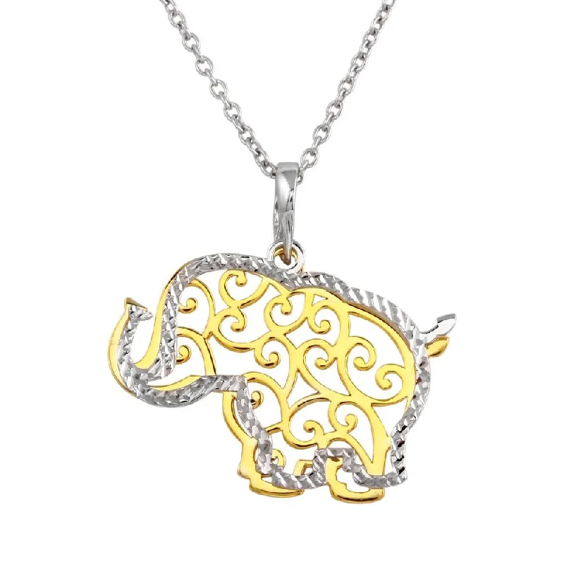 Colorful Crystal Necklace For Casual Wear-Two-Tone 925 Sterling Silver Rhodium and Gold Plated Elephant Necklace - SOP00015