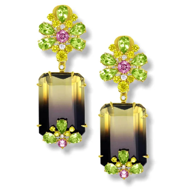 Large Hoop Earrings For Special Occasions-Gold Blossom Earrings with Quartz, Peridot & Sapphire