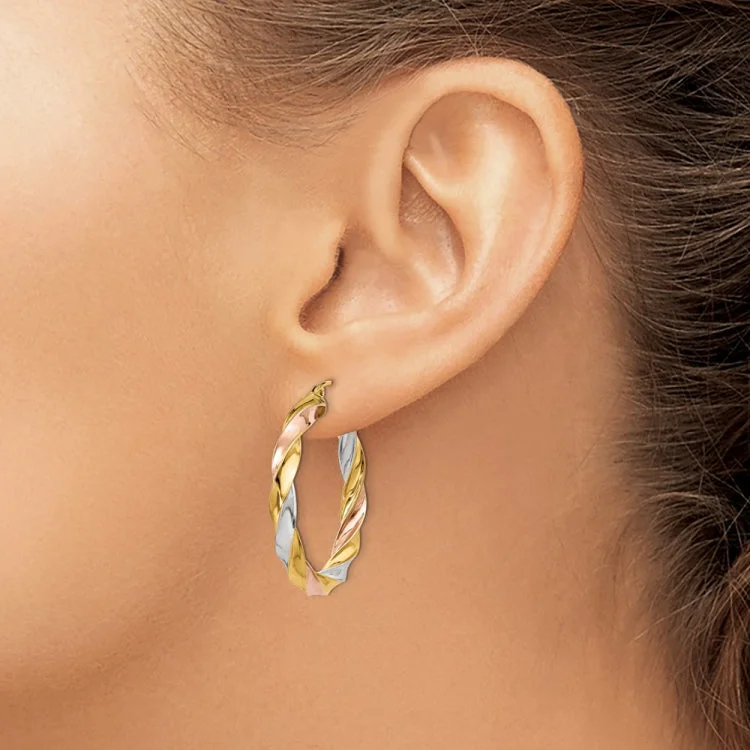 Colorful Earrings With Mixed Stones For Unique Style-14k Tri-color Light Twisted Hoop Earrings