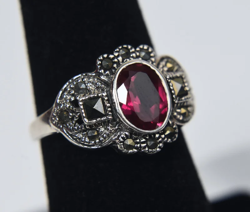 Simple Engagement Rings For Special Proposals-Sterling Silver Art Deco Synthetic Ruby and Marcasite Ring - Size 5.75