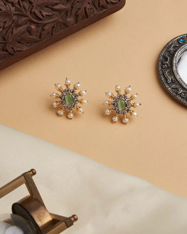 Elegant Drop Earrings For Bridesmaids-Green White Sun Spokes Pearl Ear Studs