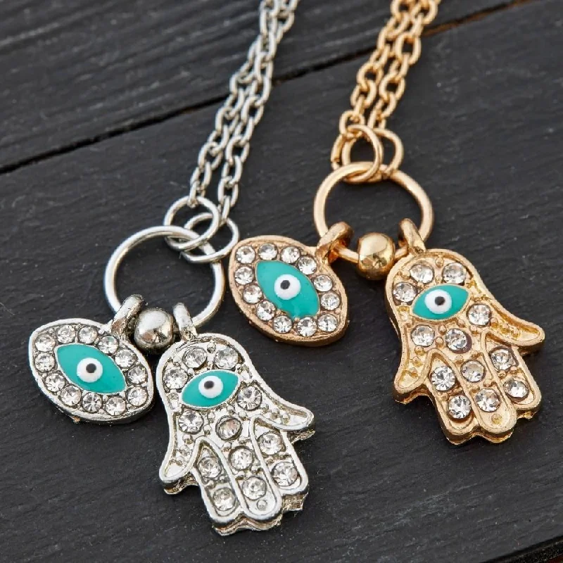 Colorful Crystal Necklace For Casual Wear-Hamsa Evil Eye Necklace - 2 charms