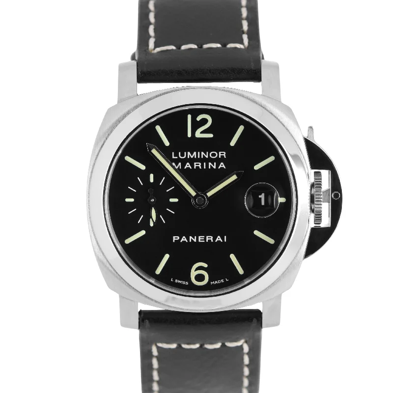 Women’s Watches With Interchangeable Straps-Panerai Luminor Marina Stainless Steel Black 40mm PAM0048 Leather Watch BOX