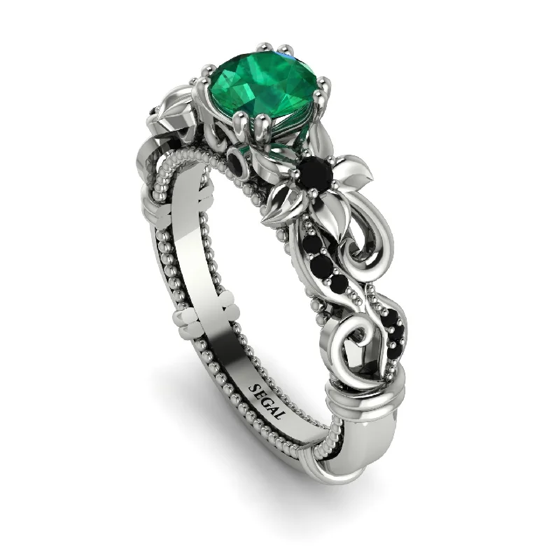 Trendy Wedding Rings For Fashion-Forward Grooms-Vintage Flower Openwork Gold Emerald Engagement Ring - Ann No. 36